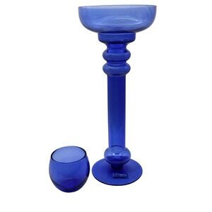 Elements Cobalt Blue Glass Pillar Candle Holder Set Pedestal Votive Stand 11in